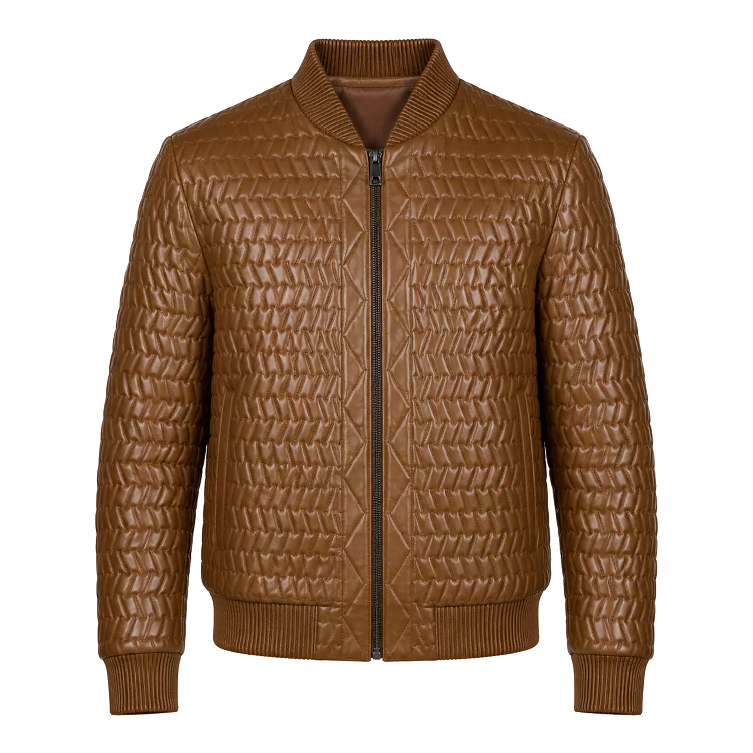 Men’s Cognac Brown Quilted Leather Bomber Jacket | Zip-Up Winter Jacket