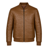 Men’s Cognac Brown Quilted Leather Bomber Jacket | Zip-Up Winter Jacket
