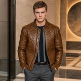 Men’s Cognac Brown Quilted Leather Bomber Jacket | Zip-Up Winter Jacket