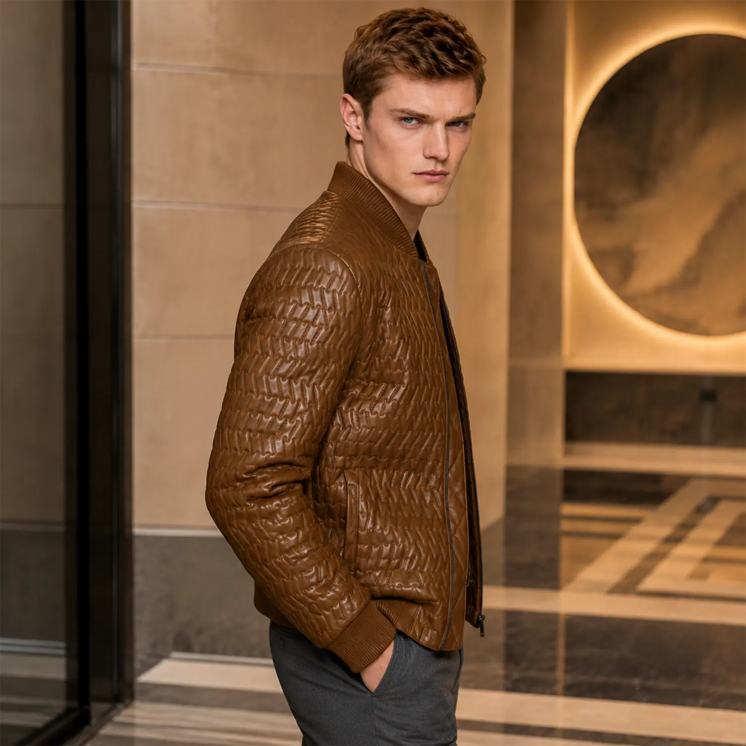 Men’s Cognac Brown Quilted Leather Bomber Jacket | Zip-Up Winter Jacket