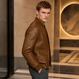 Men’s Cognac Brown Quilted Leather Bomber Jacket | Zip-Up Winter Jacket