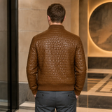 Men’s Cognac Brown Quilted Leather Bomber Jacket | Zip-Up Winter Jacket