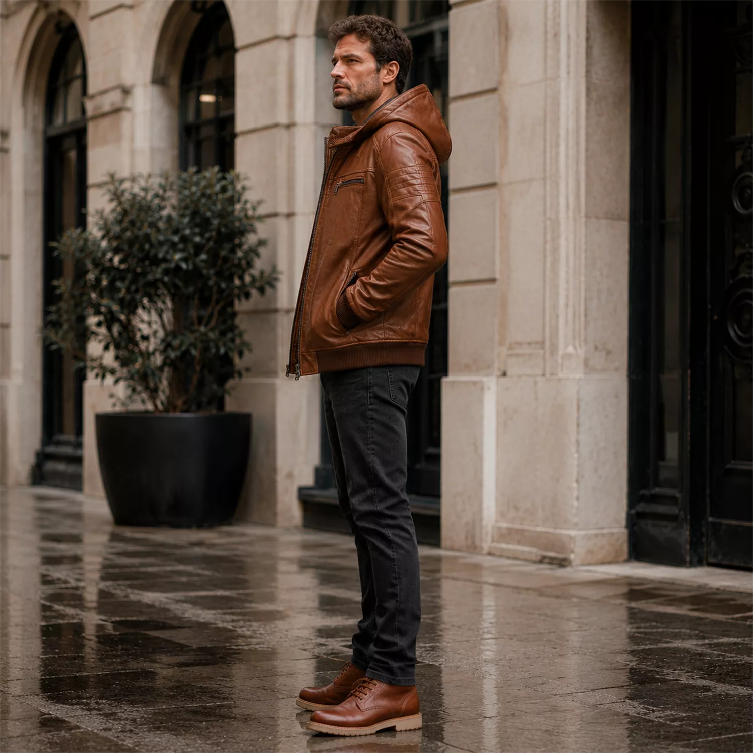 Brown Maverick Hooded Biker Leather Jacket for Men