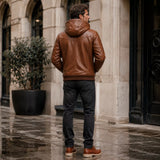 Brown Maverick Hooded Biker Leather Jacket for Men