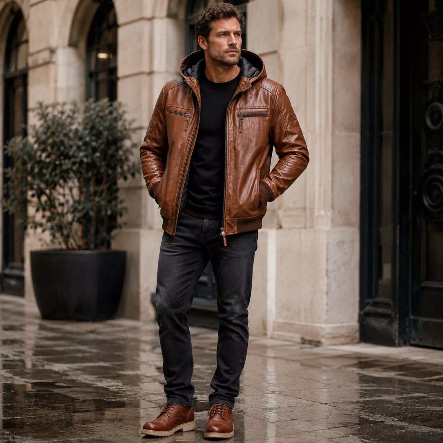 Brown Maverick Hooded Biker Leather Jacket for Men