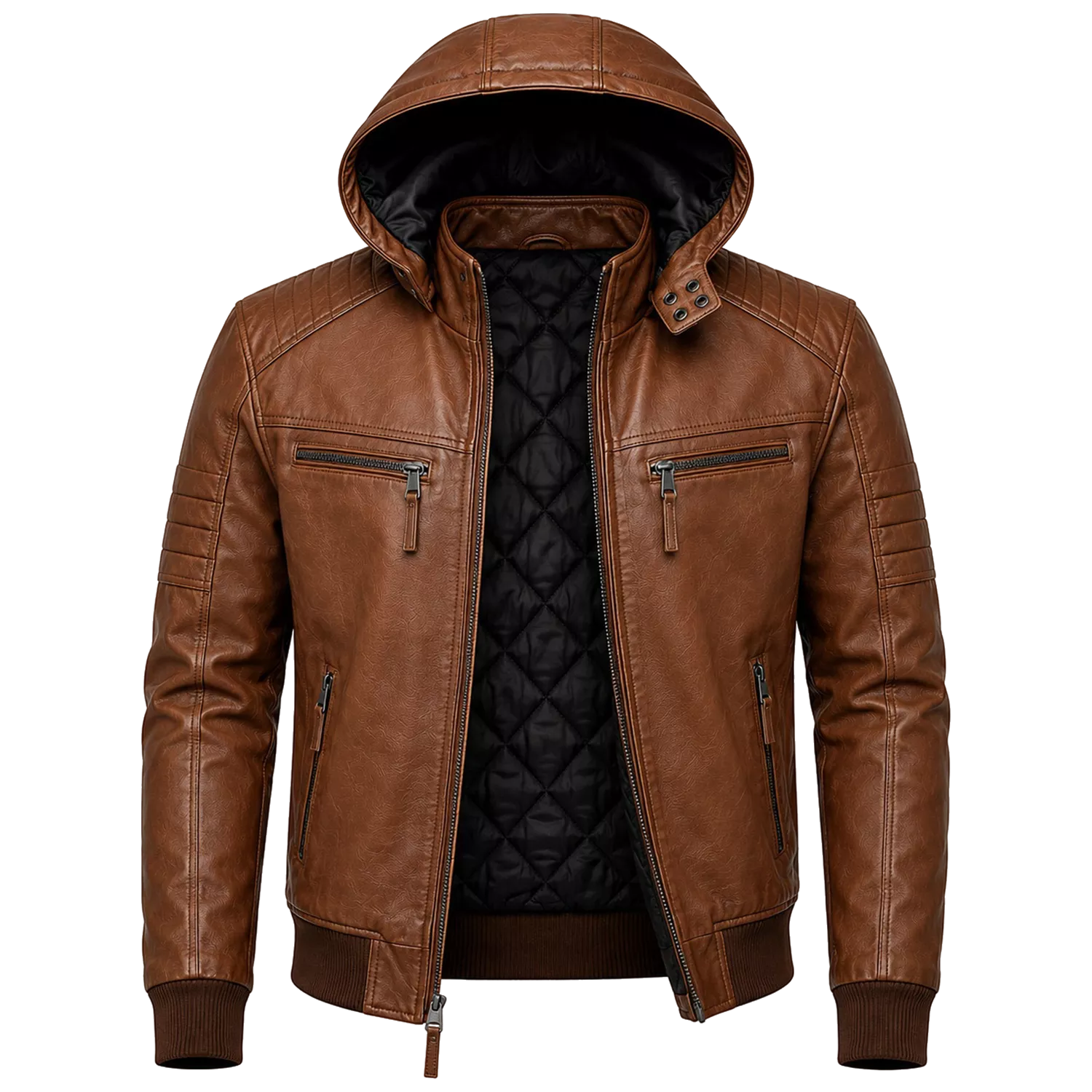 Brown Maverick Hooded Biker Leather Jacket for Men