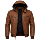 Brown Maverick Hooded Biker Leather Jacket for Men