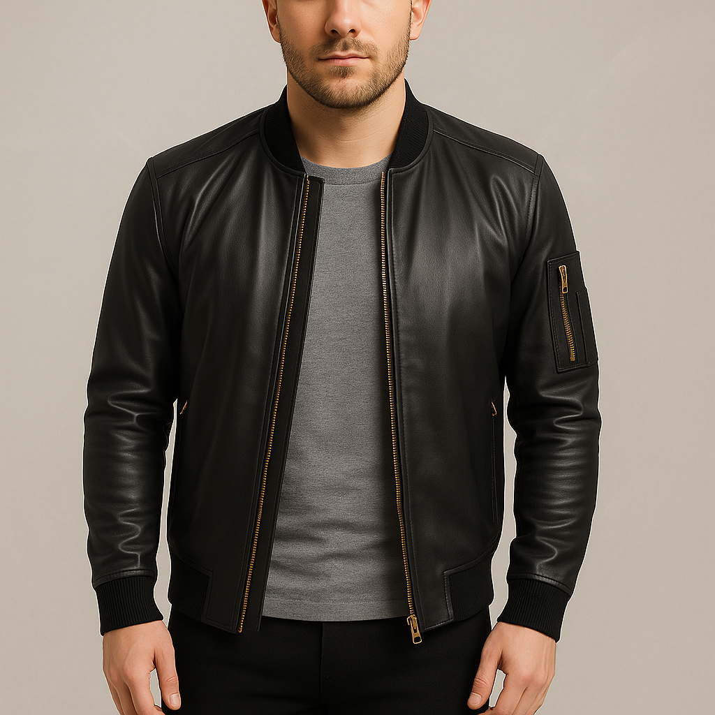 Men’s Black Leather Bomber Jacket with Utility Sleeve Pocket