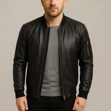 Men’s Black Leather Bomber Jacket with Utility Sleeve Pocket