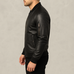 Men’s Black Lambskin Leather Bomber Jacket – Minimalist Zip-Up Casual Leather Jacket