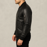 Men’s Black Leather Bomber Jacket with Utility Sleeve Pocket