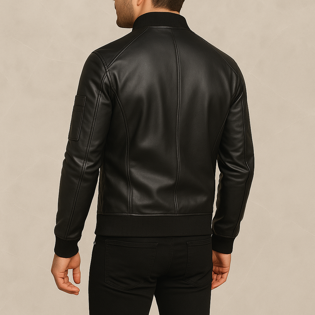 Men’s Black Leather Bomber Jacket with Utility Sleeve Pocket