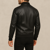 Men’s Black Leather Bomber Jacket with Utility Sleeve Pocket