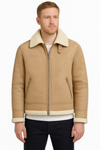 Men's Beige Shearling Leather Jacket – Premium Aviator Sheepskin Winter Coat
