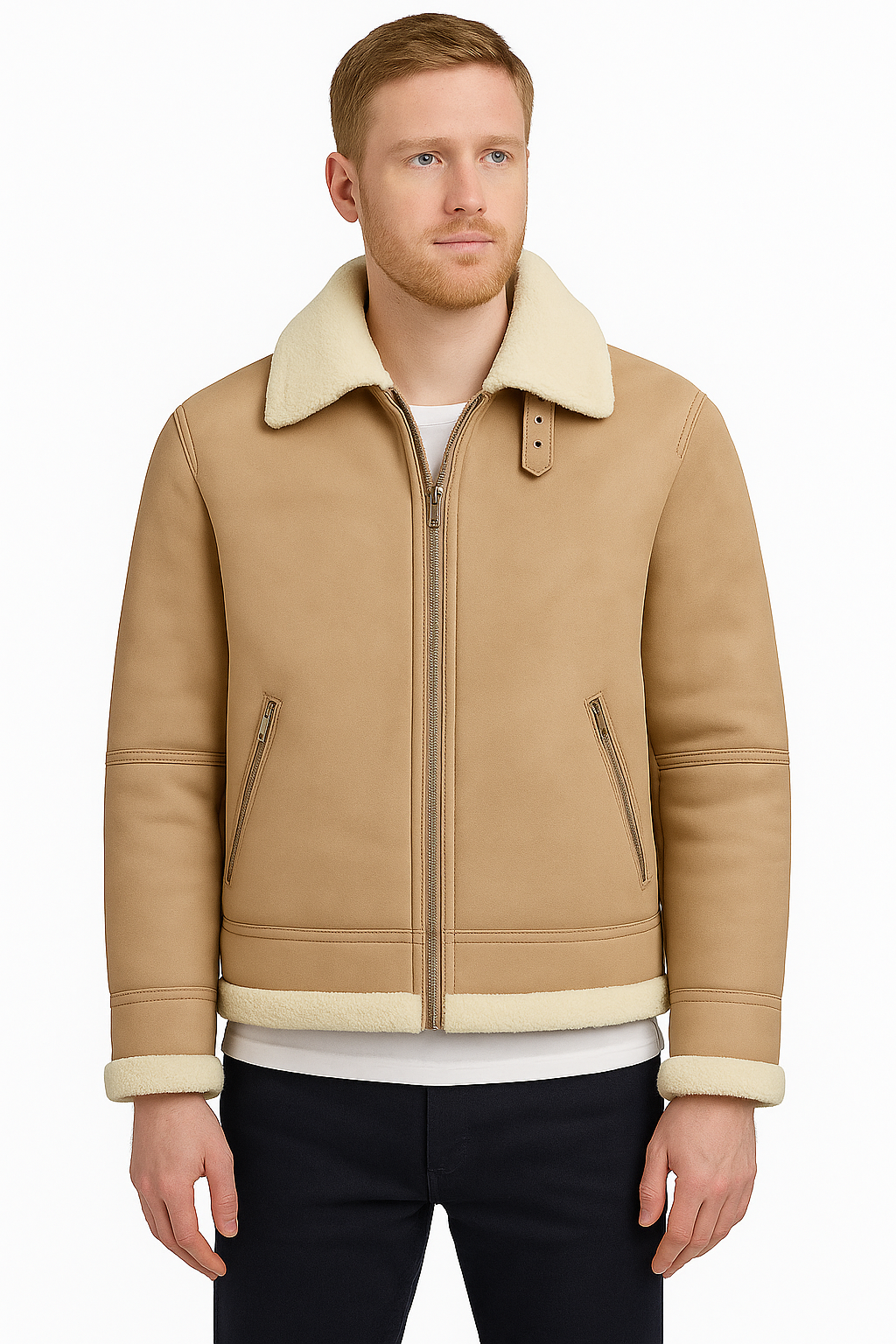 Men's Beige Shearling Leather Jacket – Premium Aviator Sheepskin Winter Coat