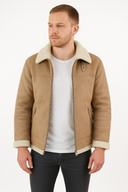 Men's Beige Shearling Leather Jacket – Premium Aviator Sheepskin Winter Coat