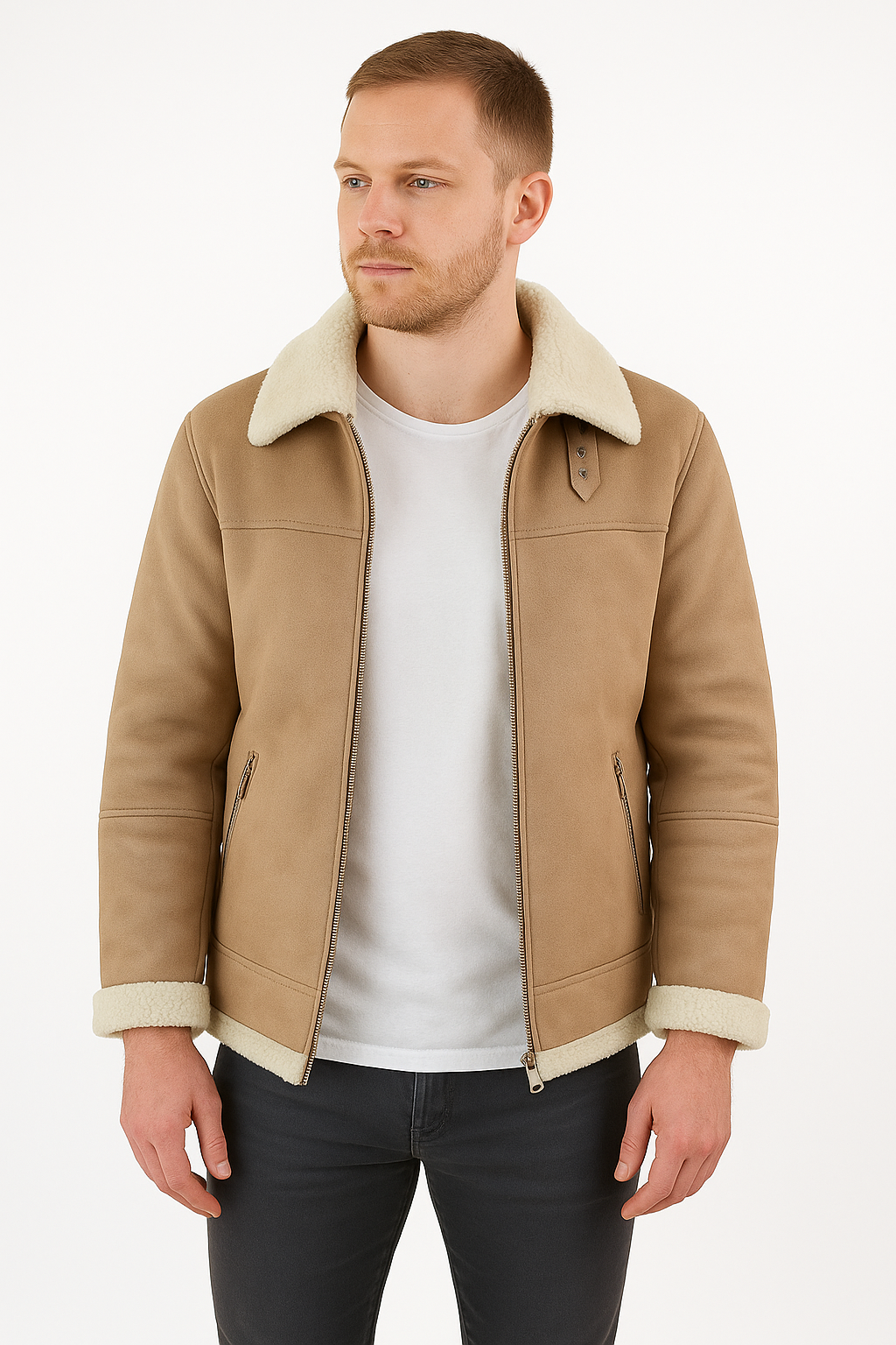 Men's Beige Shearling Leather Jacket – Premium Aviator Sheepskin Winter Coat