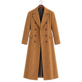 Women's Camel Brown Double Breasted Maxi Coat – Cotton Ankle Length Long Overcoat with Wide Notched Lapels, Vintage Inspired