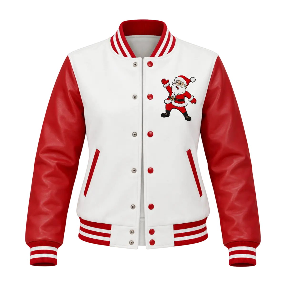 Women's Santa Claus Embroidered Red & White Christmas Varsity Jacket
