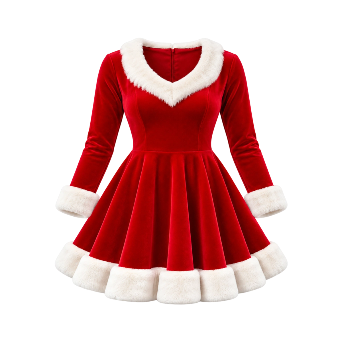 Women's Christmas Red Velvet Flared Mini Coat with White Faux Fur Trim