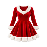 Women's Christmas Red Velvet Flared Mini Coat with White Faux Fur Trim