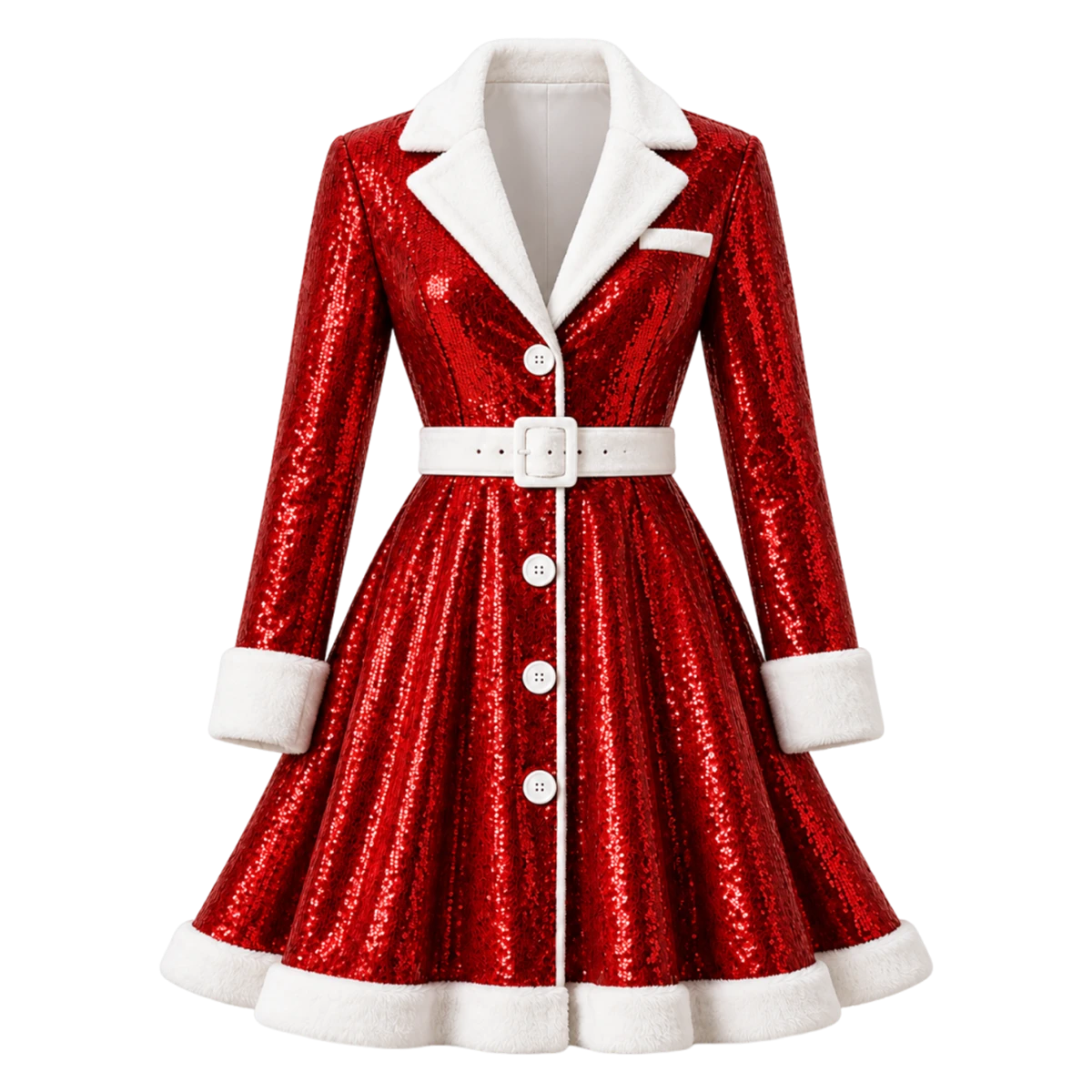 Women's Sparkling Red Sequin Christmas Mini Coat with White Faux Fur Trim
