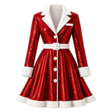 Women's Sparkling Red Sequin Christmas Mini Coat with White Faux Fur Trim