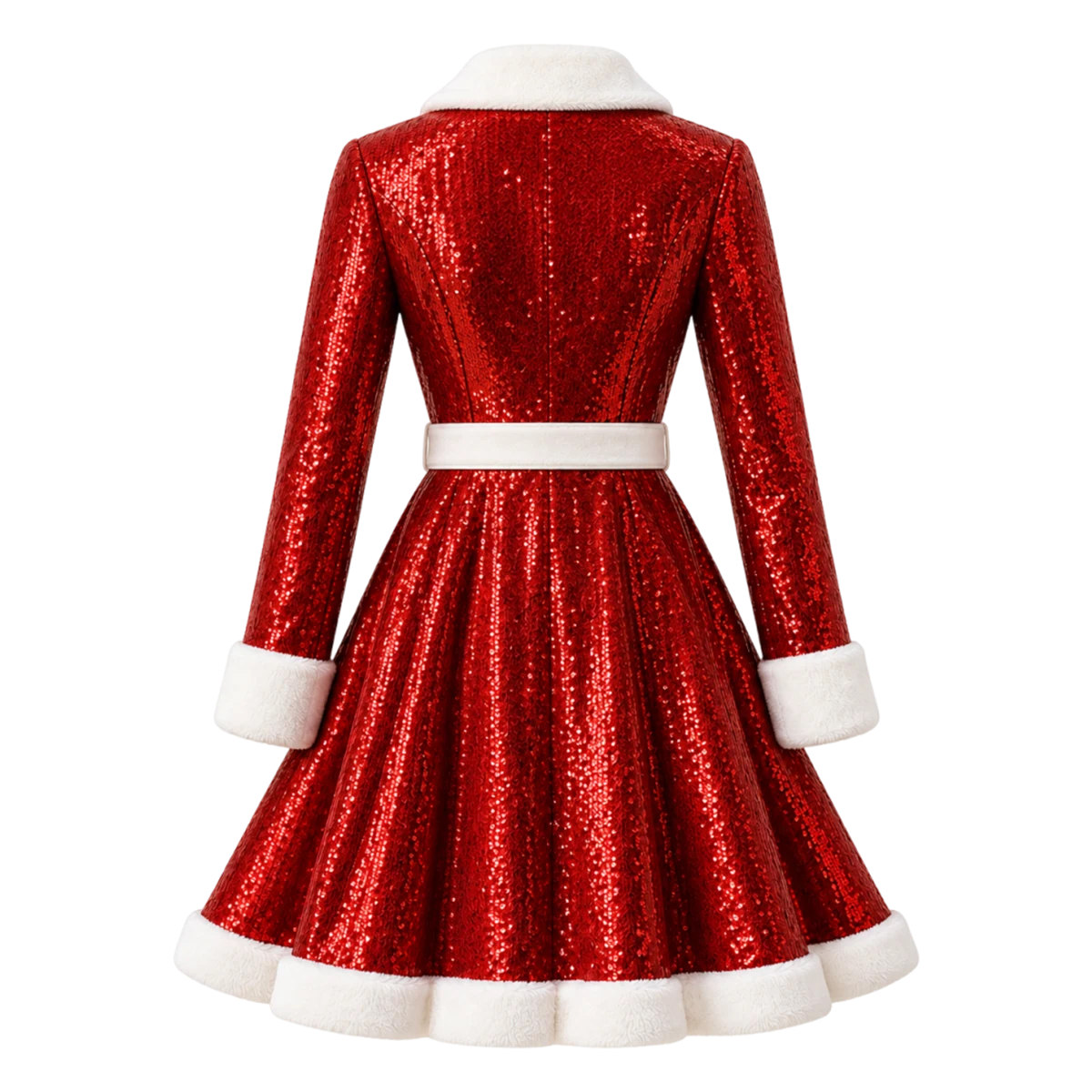 Women's Sparkling Red Sequin Christmas Mini Coat with White Faux Fur Trim