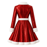 Women's Sparkling Red Sequin Christmas Mini Coat with White Faux Fur Trim
