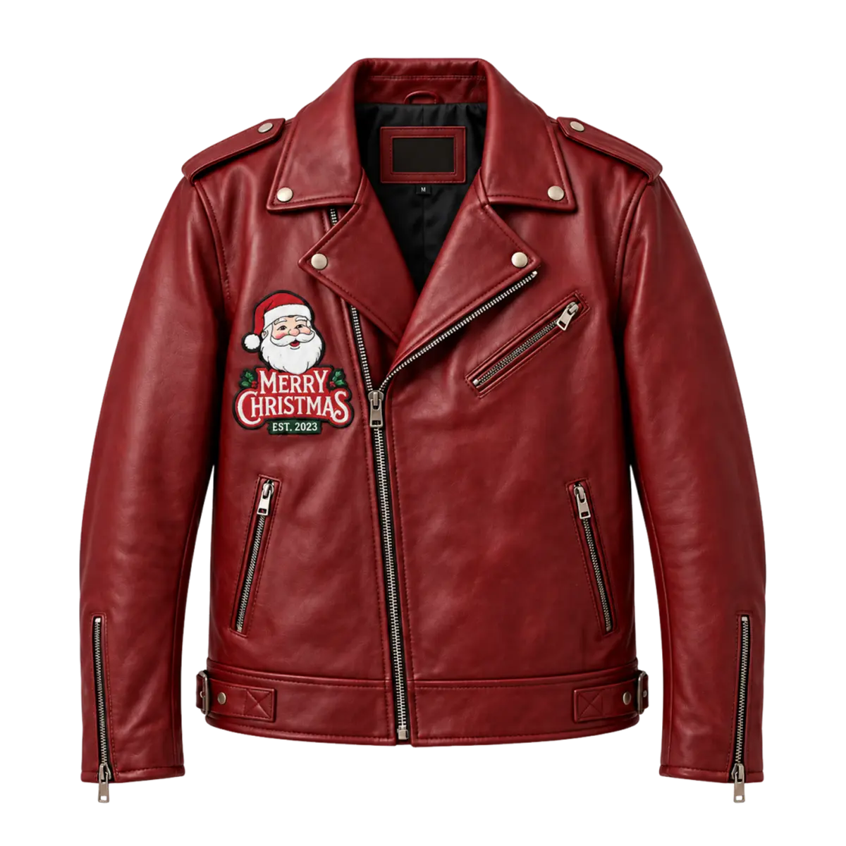 Men's Santa Claus Embroidered Red Leather Biker Jacket – Christmas Edition