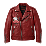 Men's Santa Claus Embroidered Red Leather Biker Jacket – Christmas Edition