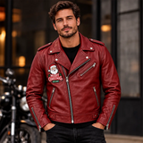 Men's Santa Claus Embroidered Red Leather Biker Jacket – Christmas Edition