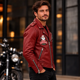Men's Santa Claus Embroidered Red Leather Biker Jacket – Christmas Edition