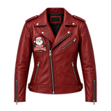 Women's Santa Claus Embroidered Red Leather Biker Jacket – Christmas Edition