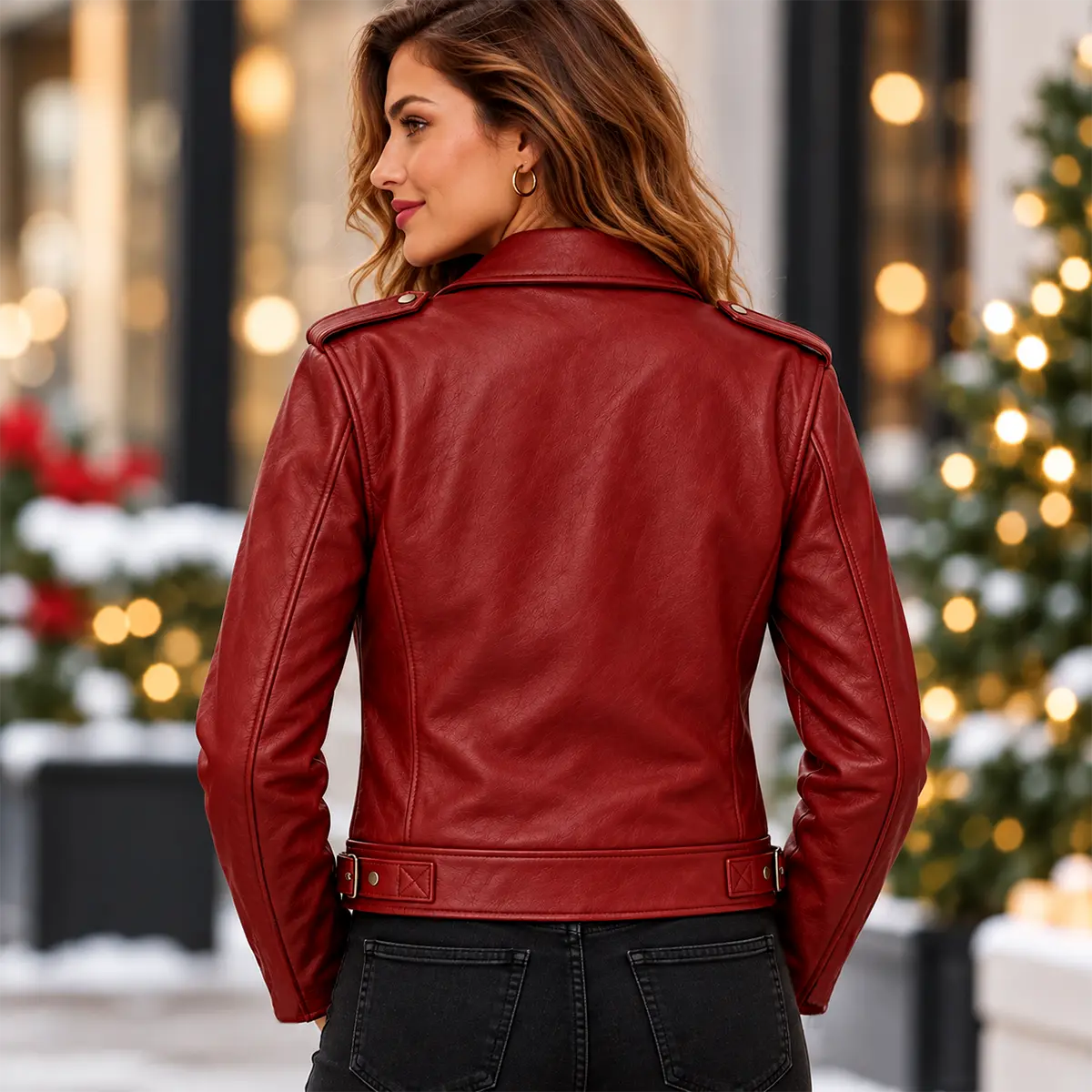 Women's Santa Claus Embroidered Red Leather Biker Jacket – Christmas Edition