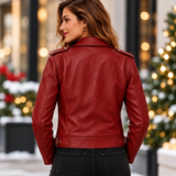 Women's Santa Claus Embroidered Red Leather Biker Jacket – Christmas Edition