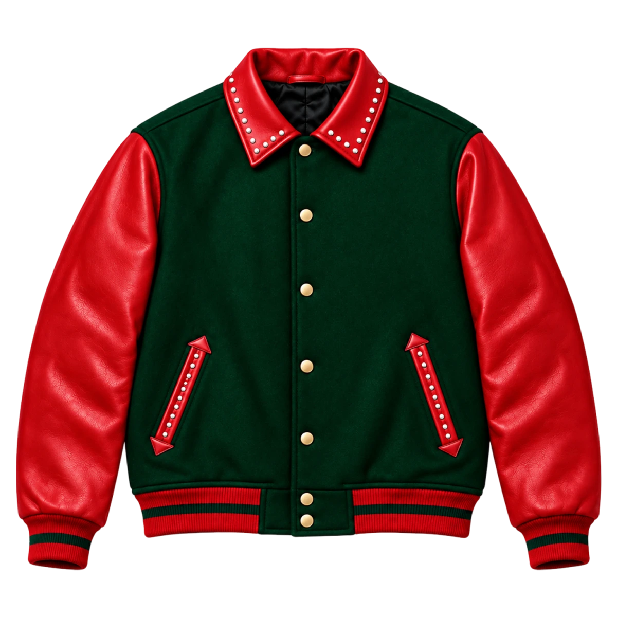 Men's Christmas Red & Green Leather Sleeve Varsity Jacket