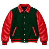 Men's Christmas Red & Green Leather Sleeve Varsity Jacket