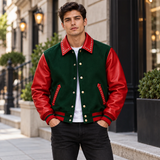Men's Christmas Red & Green Leather Sleeve Varsity Jacket