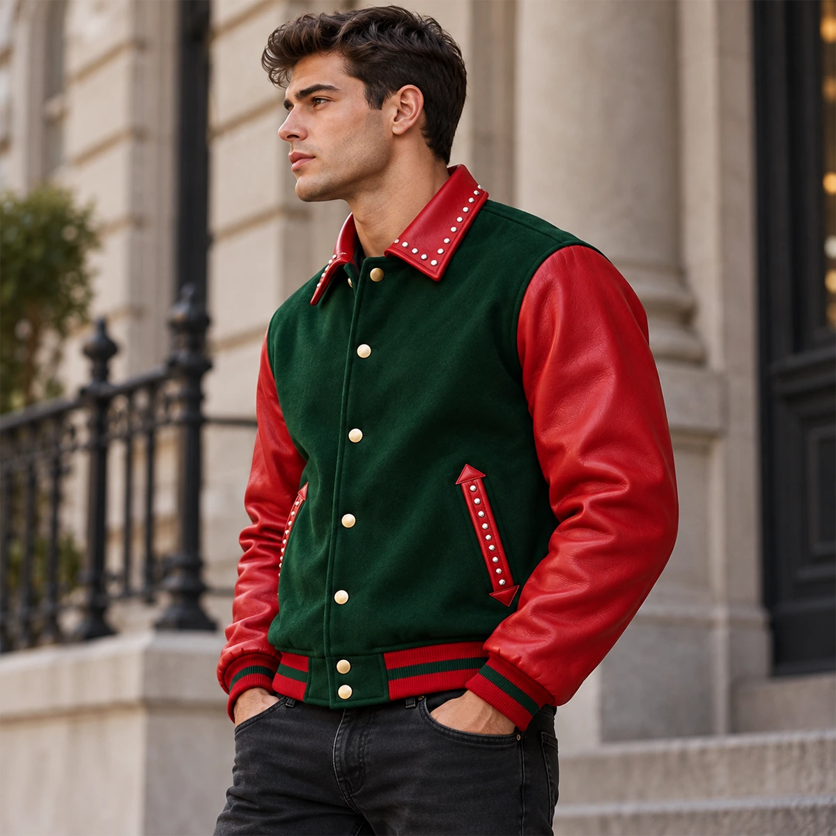 Men's Christmas Red & Green Leather Sleeve Varsity Jacket