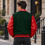 Men's Christmas Red & Green Leather Sleeve Varsity Jacket