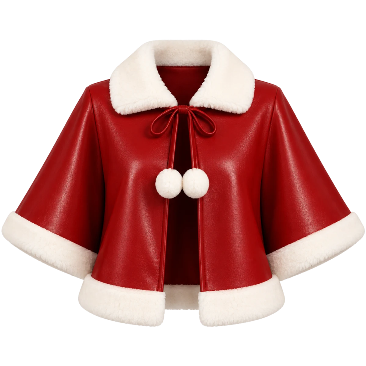 Women's Christmas Red Leather Cape Jacket – White Faux Fur Trim