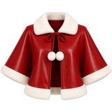 Women's Christmas Red Leather Cape Jacket – White Faux Fur Trim