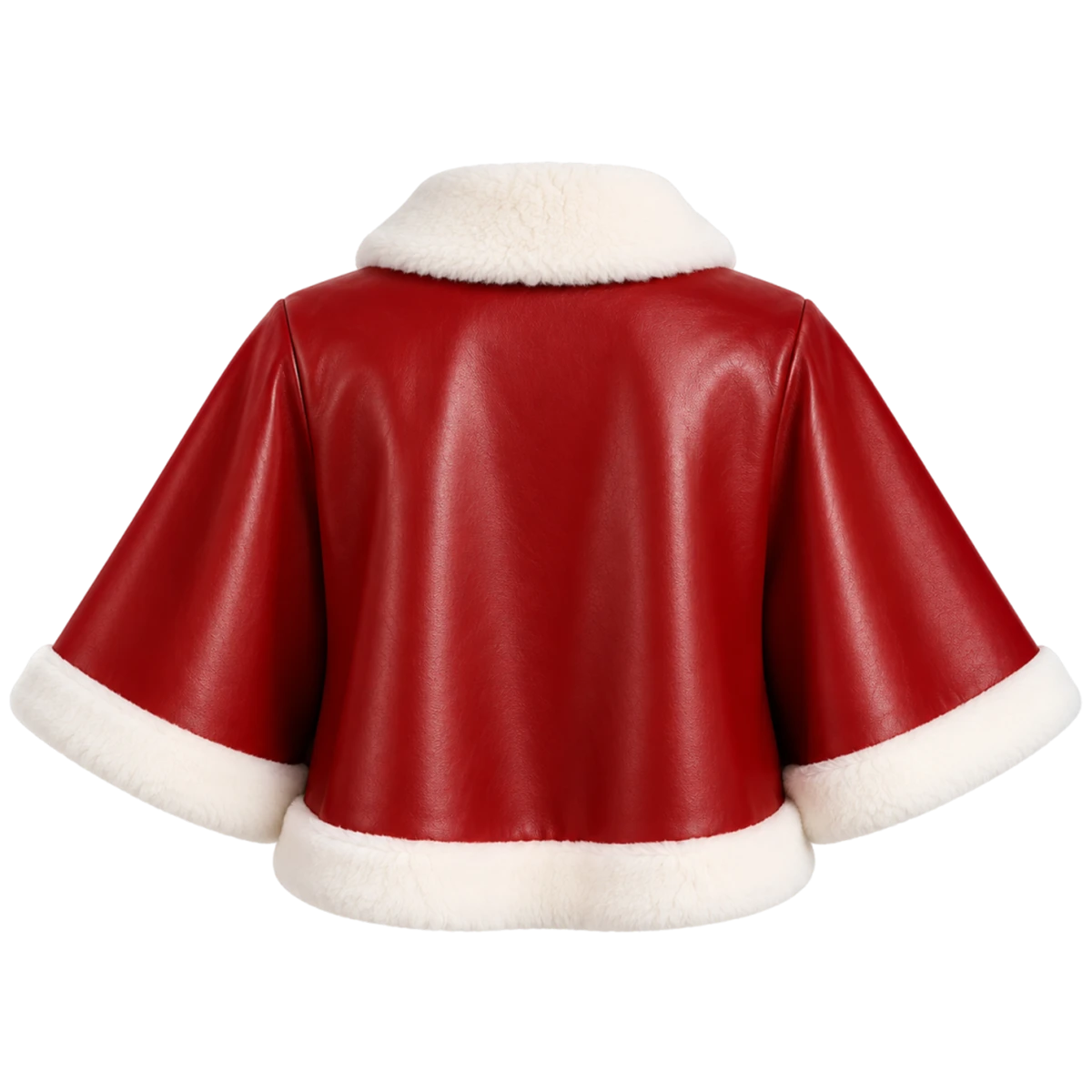 Women's Christmas Red Leather Cape Jacket – White Faux Fur Trim