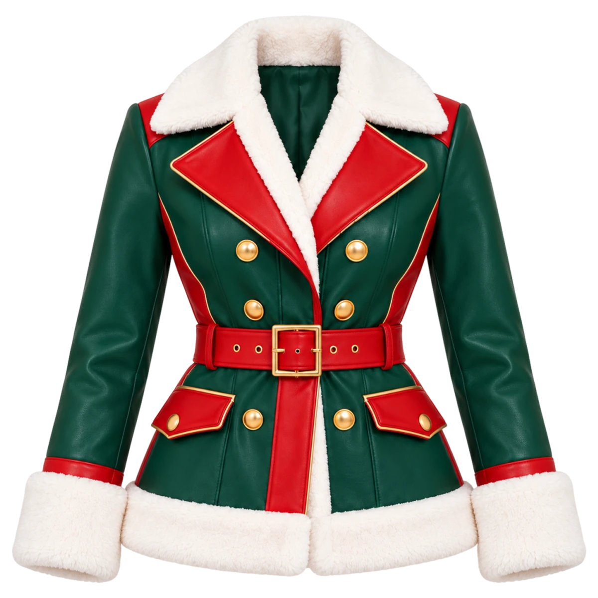 Women's Christmas Green & Red Leather Shearling Biker Jacket