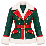 Women's Christmas Green & Red Leather Shearling Biker Jacket