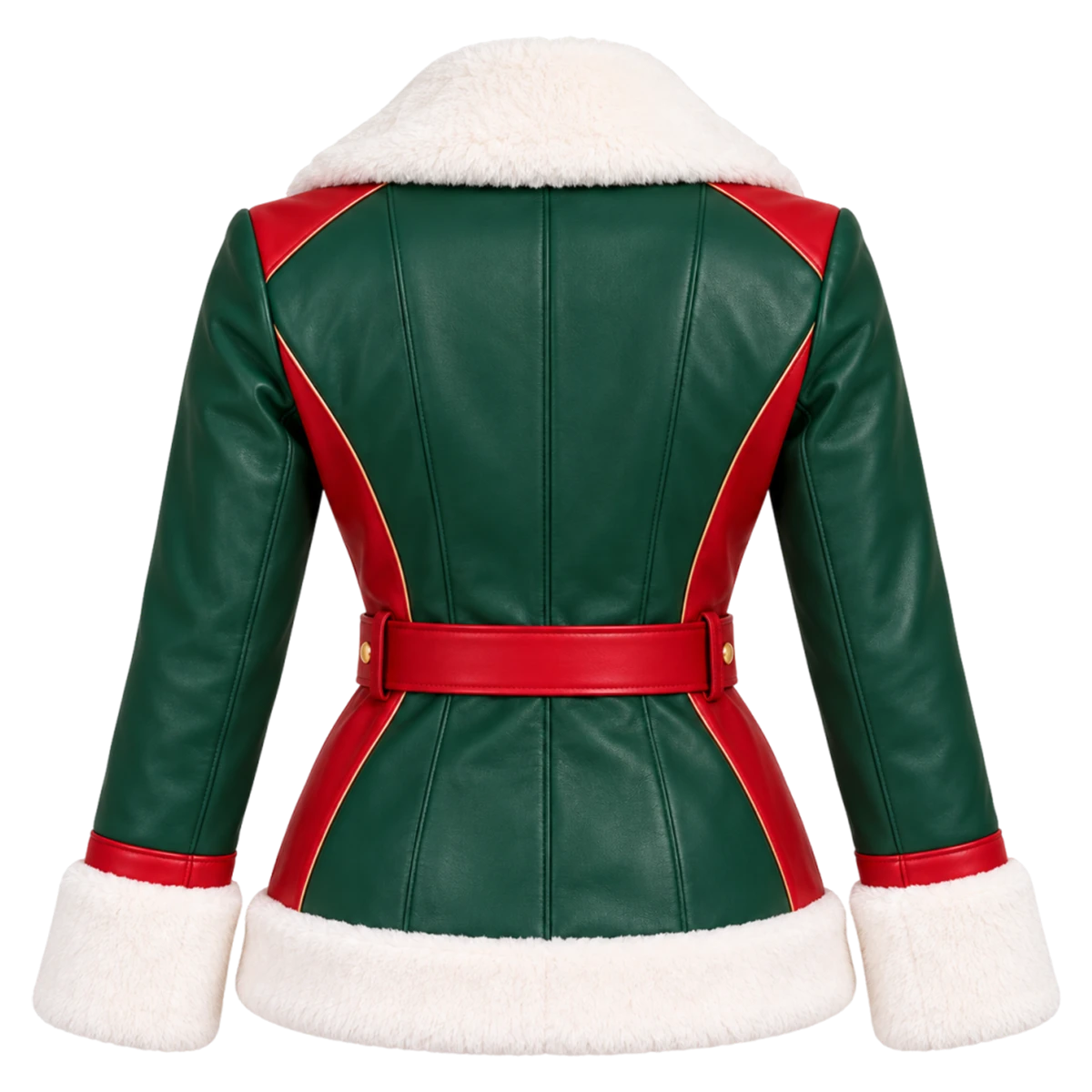 Women's Christmas Green & Red Leather Shearling Biker Jacket