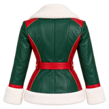 Women's Christmas Green & Red Leather Shearling Biker Jacket