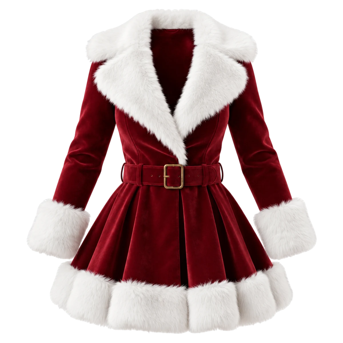 Women's Deep Red Velvet Christmas Peplum Coat with White Faux Fur Trim