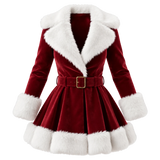 Women's Deep Red Velvet Christmas Peplum Coat with White Faux Fur Trim